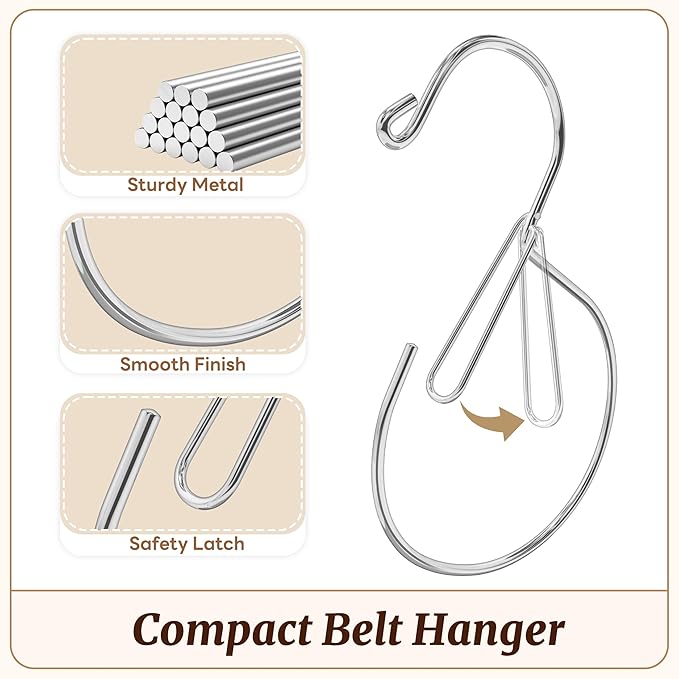 MEILIDY Belt Hanger, Compact Metal Belt Rack Hooks with Safety Buckle for Closet, Silver, 2 Pcs