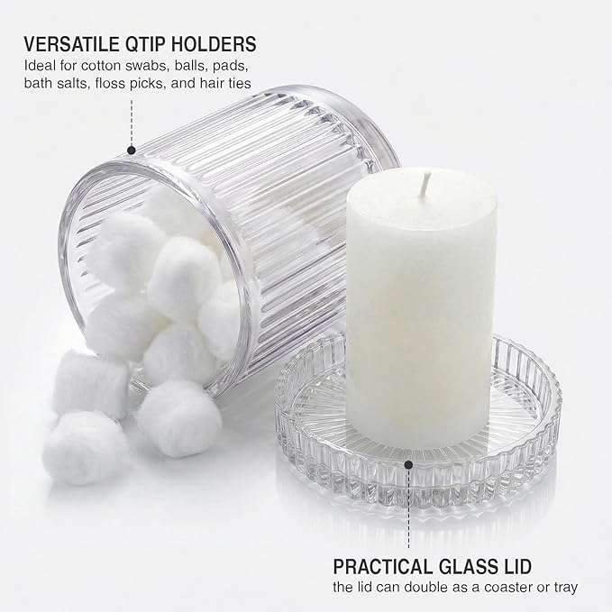 2 Pack Glass Qtip Holder Dispenser - Bathroom Organizers and Storage, Clear Apothecary Jars Set, Bathroom Essentials Accessories Decor, Vanity Makeup Storage Organizer (Clear)