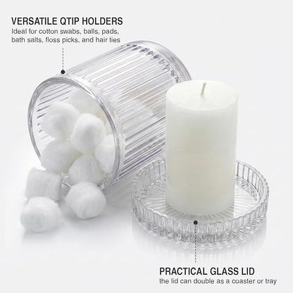 2 Pack Glass Qtip Holder Dispenser - Bathroom Organizers and Storage, Clear Apothecary Jars Set, Bathroom Essentials Accessories Decor, Vanity Makeup Storage Organizer (Clear)