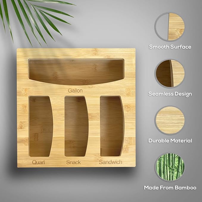 Bamboo Food Bag Storage Organizer for Kitchen Drawer, Baggie Holder for Solimo, Glad, Hefty Gallon, Quart, Sandwich and Snack Variety Size Bags (1 Box 4 Slots)