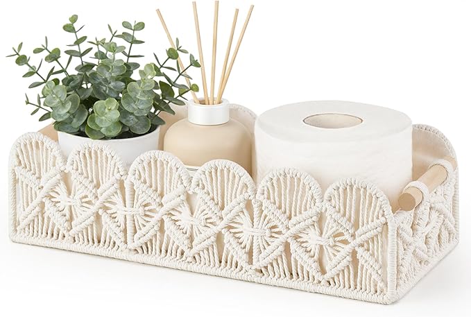 Mkono Macrame Storage Basket, Scalloped Edge Toilet Paper Basket Boho Woven Decor, Small Countertop Organizer with Handles for Shelf, Living Room, Bedroom, Home,Office, 1 Pack, Ivory