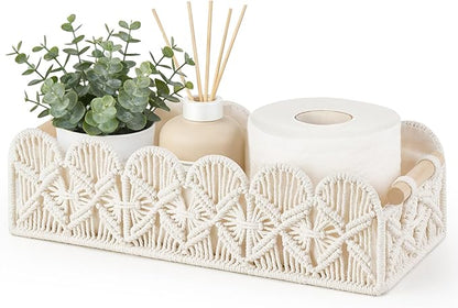 Mkono Macrame Storage Basket, Scalloped Edge Toilet Paper Basket Boho Woven Decor, Small Countertop Organizer with Handles for Shelf, Living Room, Bedroom, Home,Office, 1 Pack, Ivory