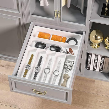 Utensil Organizer Silverware Drawer Organizer - 7 Slots Bamboo Cutlery Organizer Multi-Purpose Silverware Divider for Kitchen Flatware, Hair Accessories, Repair Tools, Art Set W13”x L17” (White)