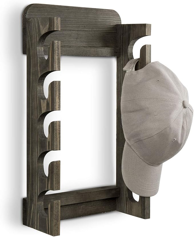 MyGift Hat Organizer for Baseball Caps, Wooden Vertical Hat Rack Wall Mounted with 10 Hooks, Rustic Gray Solid Wood Hanging Hat and Garment Holder