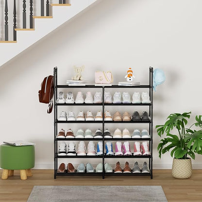 2-Row 6-Tier Stackable Shoe Rack, Black Metal Shoe Shelf with Multifunctional Hooks, Hold 24-30 Pairs, Space Saving Shoes Organizer for Closet,Show Rack