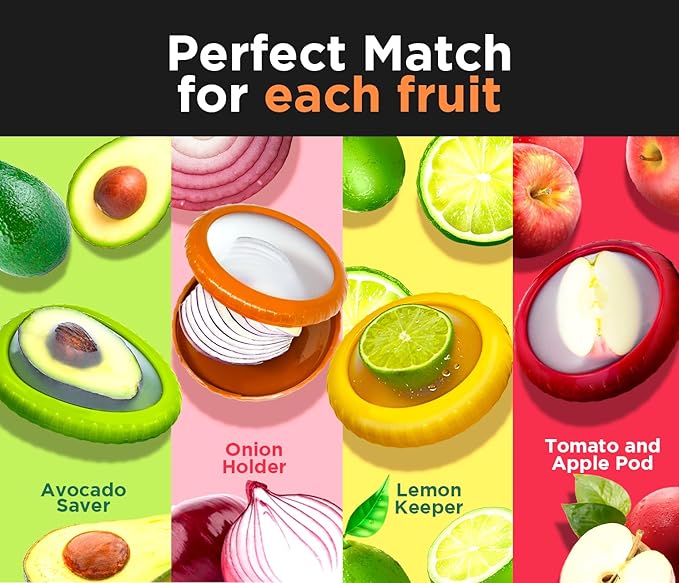 Avocado Saver & Onion Storage – Set of 4 BPA-Free Food Containers with Silicone Lids – Reusable Fruit and Veggie Savers, Fresh Pods for Food – Perfect for Tomato Holder, Garlic, Lemon & More