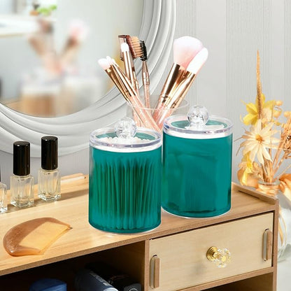 Dark Cyan Qtip Dispenser Apothecary Jars Bathroom Qtip Holder Storage Canister 10 Oz Plastic Jar for Cotton Ball Swab Round Pads Floss 2pcs