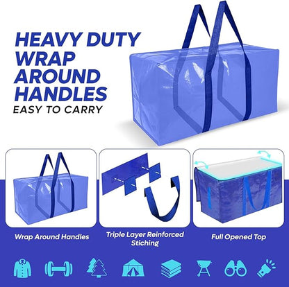4 Pack Extra Large Moving Bags with Strong Zipper & Handles - Heavy Duty Clothes Storage Tote Bins - Moving Boxes for Space Saving, College Supplies with Drawstring bag