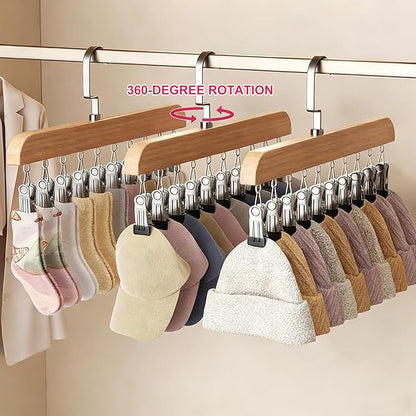 Hanging Closet Organizer, Wooden Legging Hanger with 10 Clips,Space Saving Hats Organizer for Closet,360° Rotating Wooden Multi-Hanger for Pants, Skirts and Socks Storage (Natural Finish)