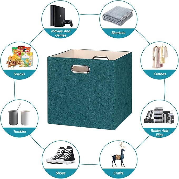 Posprica Collapsible Storage Bins,13×13 Foldable Storage Cube Boxes Fabric Drawer Fabric Storage Bins Vinyl Record Cubby Cubes with Handles for Bookcase, Closet, Shelf, Cabinet, 4 Pack