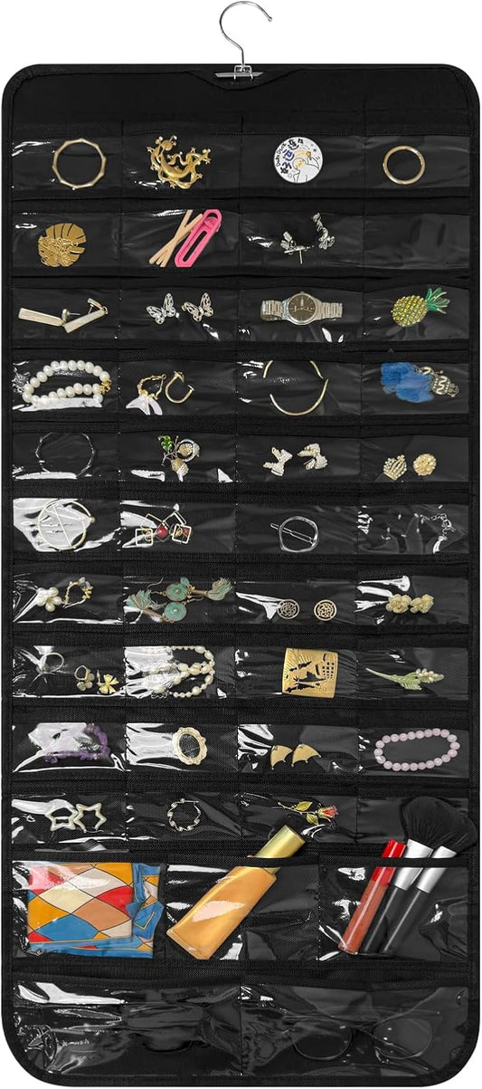Bloss Hanging Jewelry Organizer With 90 Pockets,Earring Holder Organizer Storage For Valentine's Day Gift,Double-Sided Jewelry Holder for Earrings, Necklaces, Rings on Closet,Wall,Door(Black)