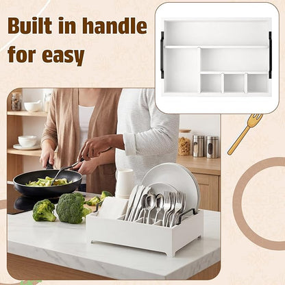 LemonRoad Wood Paper Plate Dispenser Rustic Silverware Utensil Caddy Cutlery Flatware Organizer with Handles 6 Compartments for Countertop Party Picnic Camping Buffet Kitchen Accessories(White)