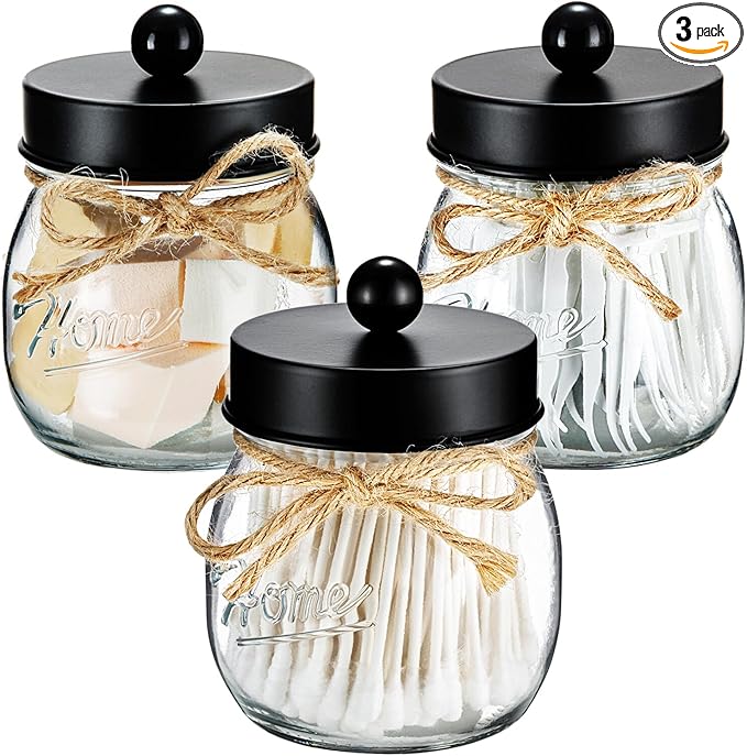 SheeChung 3 Pack Qtip Holder, Cotton Swab Holders, Apothecary Jars with Lids, Bathroom Jars, Black Bathroom Accessories for Cotton Round Pads, Balls, Floss Pick - Black