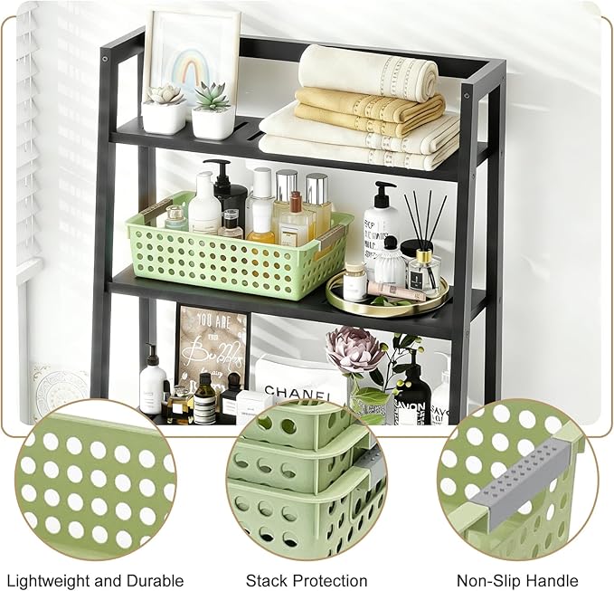 Soddeph 4 Pack Small Plastic Storage Baskets for Organizing, Stackable Bins with Handles for Shelves, Multipurpose Drawer Trays (Green)