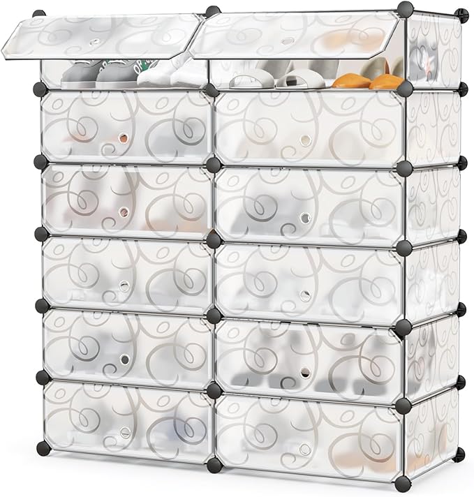 COSTWAY Shoe Rack Organizer, 6 Tier Shoe Shelves with Covers, DIY Design, 24-Pair Stackable Cube Organizer Boxes, Freestanding Shoe Cabinet for Entryway Bedroom Closet Hallway (White)