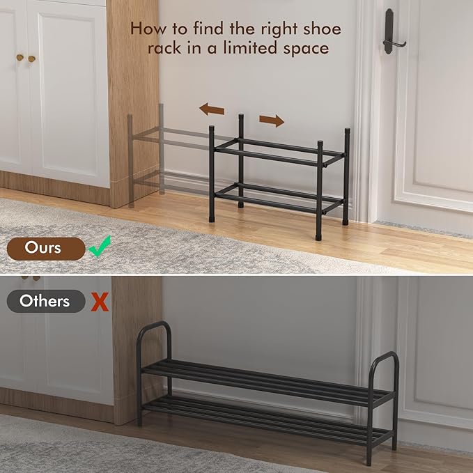 Uneviesyka Expandable Shoe Rack, 2 Tier Shoe Rack for Closet, Stackable Adjustable Standing Metal Shoe Shelf Organizer Storage, Small Shoe Racks for Front Door Entrance、Entryway(Black)