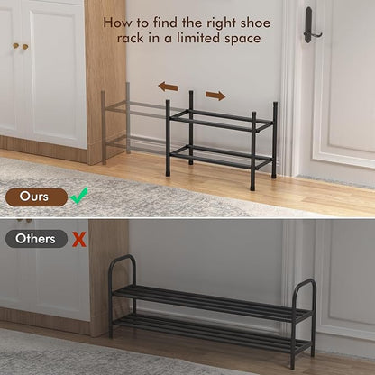 Uneviesyka Expandable Shoe Rack, 2 Tier Shoe Rack for Closet, Stackable Adjustable Standing Metal Shoe Shelf Organizer Storage, Small Shoe Racks for Front Door Entrance、Entryway(Black)