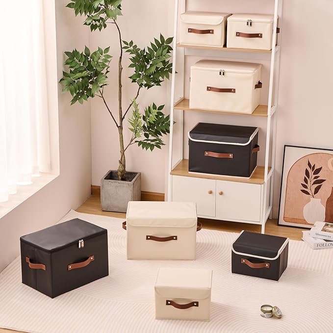 Storage Bins Box with Lids Decorative PU Leather Fabric Baskets Cubes with Handles PP Plastic Board Foldable Washable Lidded Clothing Shelf Closet Organizer Container (Black, Large)