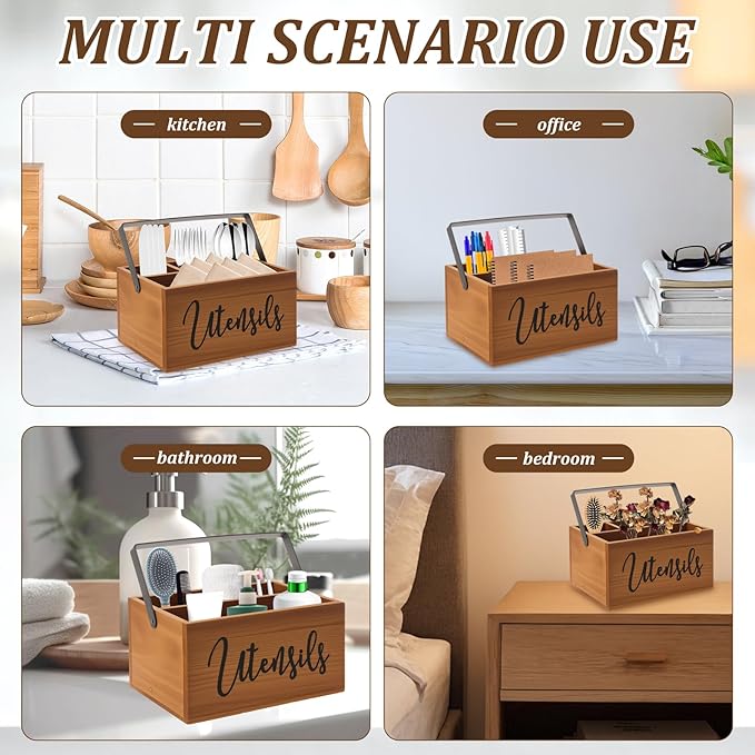 Utensil Holder, Silverware Organizer with Handle, Wooden Kitchen Utensil Caddy, 4 Compartmen Cutlery Holder Flatware Caddy, Spoon Holder, Versatile Organizer for Kitchen Counter Party Picnic Camping
