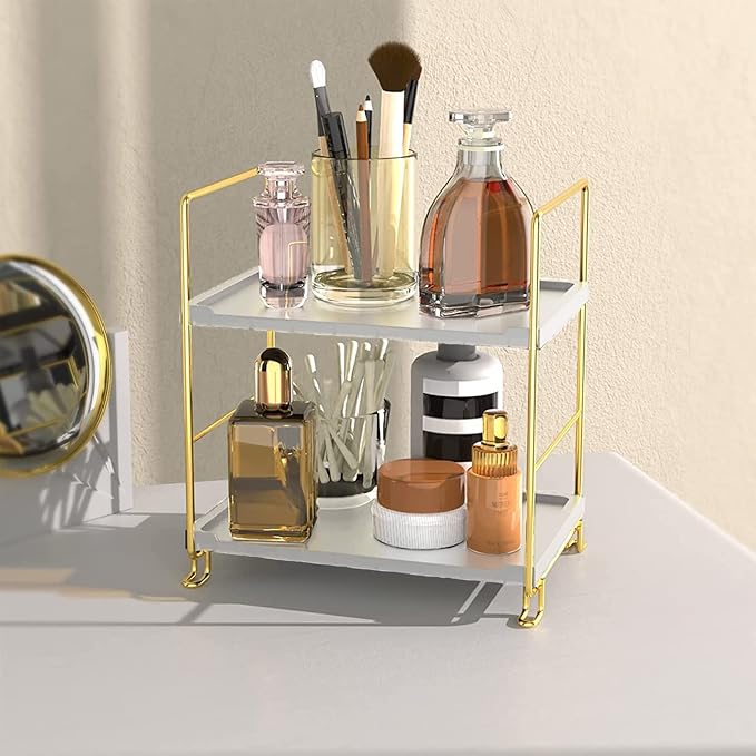 2-Tier Makeup Perfume Counter Organizer, Bathroom Countertop Shelf Vanity Bedroom Storage Tray,Kitchen Spice Rack Standing Shelf(Gold,White)