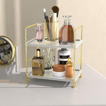 2-Tier Makeup Perfume Counter Organizer, Bathroom Countertop Shelf Vanity Bedroom Storage Tray,Kitchen Spice Rack Standing Shelf(Gold,White)