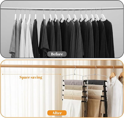 2 Packs Pants Hangers Space Saving, Anti-Slip Space Saving Hangers, 5 Layer Swing Arm Pants Hanger Stainless Steel with Non-Slip Padding, Closet Organizers & Storage for Pant Trousers Jeans