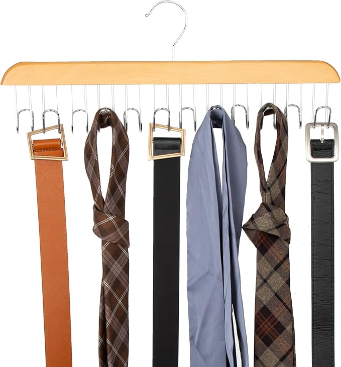 Amazon Basics Wooden Belt Hanger Closet Organizer, Multifunctional, Smooth Finish, Natural, 2-Pack