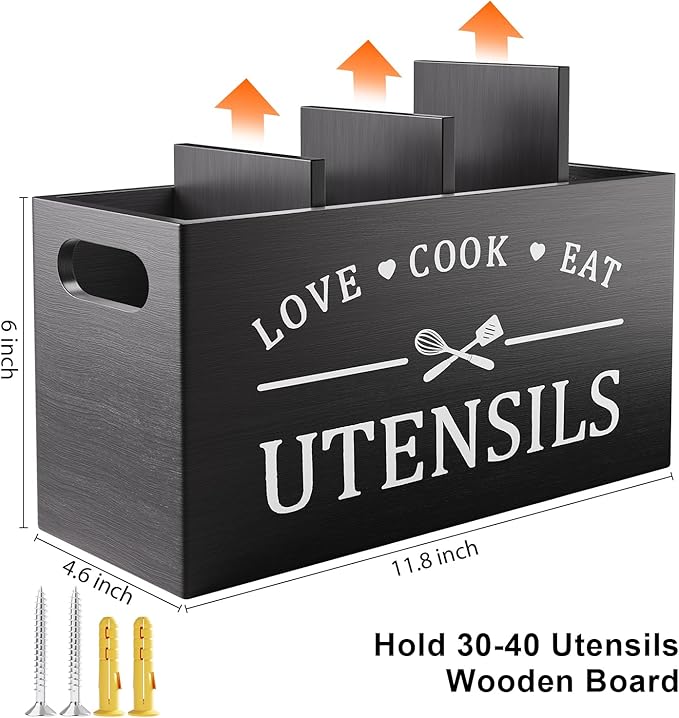 Extra Large Utensil Holder for Kitchen Counter with 4 Compartments, Kitchen Cooking Utensils Holder for Countertop,Black Wooden Utensil Caddy for Farmhouse Spatula,Cutlery,Wood Wall Mounted Organizer