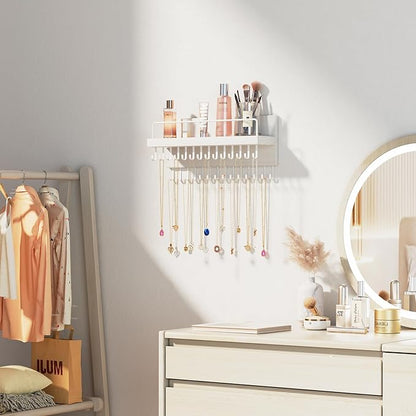 Lolalet Necklace Holder Hanging Necklace Organizer Wall Mounted Jewelry Organizer with 28 Hooks and Perfume Shelf, Wood Necklace Hanger Rack for Bracelets -White