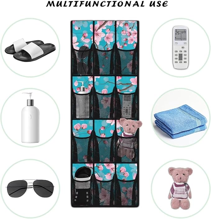 Cherry Blossom Over Door Shoe Organizer Easy to Install Behind the Door Storage 4 Shelf 12 Mesh Pockets Hanging Rack for Shoes and Accessories Multi-purpose Door Hanger Organizer