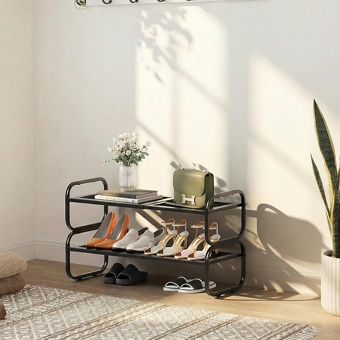 2 Tier Shoe Rack - Expandable Shoe Organizer for Closet, Adjustable Metal Shoe Shelf Storage, Stackable Long Shoe Stand Holder for Garage, Entryway, Door Entrance