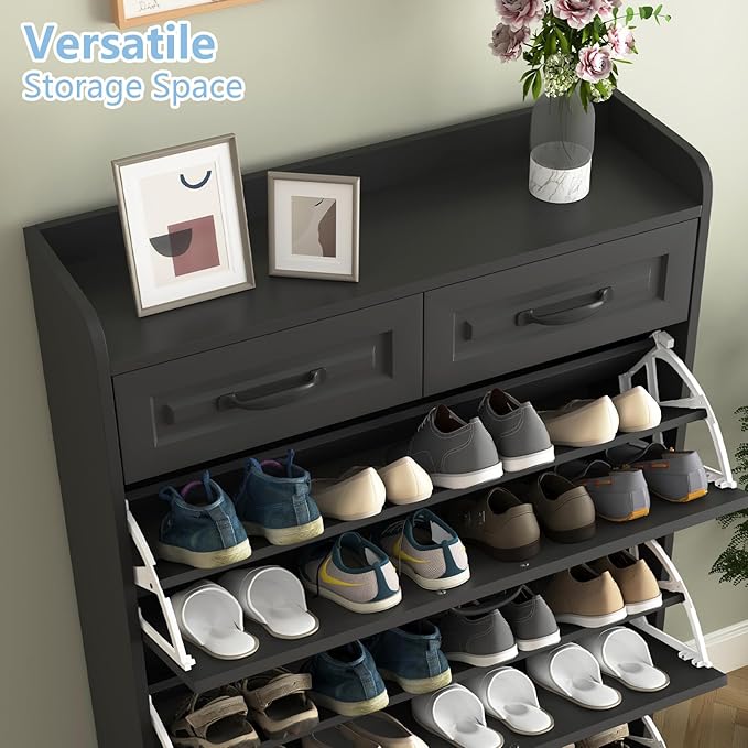Vibe & Dine Narrow Shoe Organizer Cabinet with 3 Large Flip Drawers & 2 Storage Drawers - Slim Shoe Storage for Entryway, Hallway, Bedroom, Black