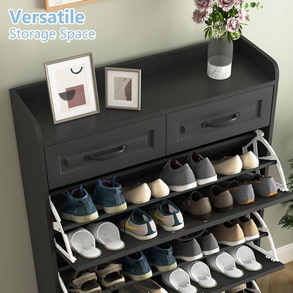 Vibe & Dine Narrow Shoe Organizer Cabinet with 3 Large Flip Drawers & 2 Storage Drawers - Slim Shoe Storage for Entryway, Hallway, Bedroom, Black