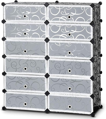 HAPPYGRILL Shoe Rack Organizer, 12-Cube Modular Plastic Shoes Storage Cabinet with 6-Tier Shoe Shelves & Transparent Doors, DIY Design, Freestanding Shoe Cabinet for 24 Pairs Shoes (Black)