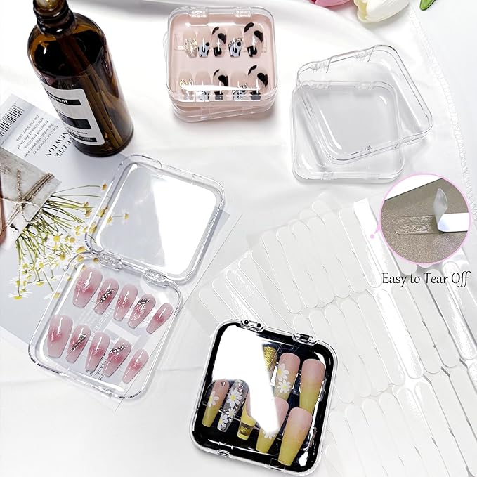 12 Pcs Press on Nail Packaging Box Press on Nail Storage Box for Press Ons with 60 Pcs Adhesive Double Sided Tape Acrylic Fake Nail Display Box False Nail Organizer Case for Home Salon Use