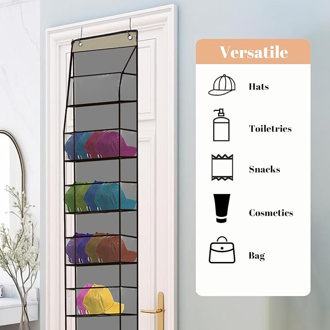 Over the Door Hat Rack Organizer for Daseball Caps, 6-Shelf Clear Baseball Hat Storage Organizer for Closet Wall Door, Hat Holder with 2 Hooks (Grey)