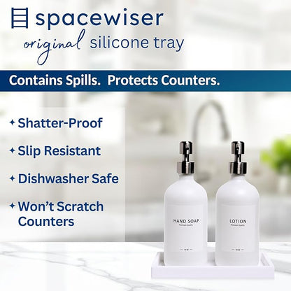 Spacewiser Countertop and Vanity Tray - Small 7.7” Silicone Tray for Soap Dispenser, Bathroom Trays, Dish Soap Trays for Kitchen Counter, Sink Caddy Sinks Organizer, Soaps Dish & Sponge Holder, White