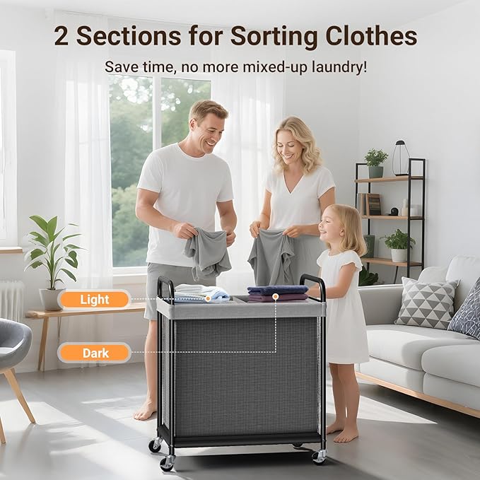 ELYKEN Laundry Hamper 2 Section, 100L Rolling Laundry Sorter with Removable Liner Bag, Laundry Basket with Wheels, Steel Frame with Metal Handle, Clothes Hamper Cart for Laundry Room & Bedroom