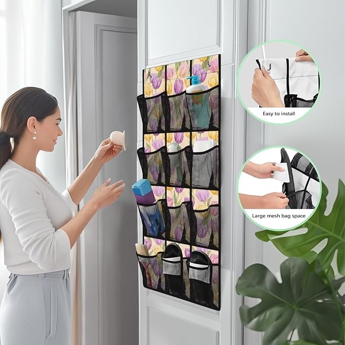 Multi-Pocket Over the Door Organizer, 12 Mesh Pockets Storage Hanging Bag Behind the Door for Shoes Toys and Cleaning Supplies, Fabric Door Organizer for Bedroom Bath, Easter Tulip