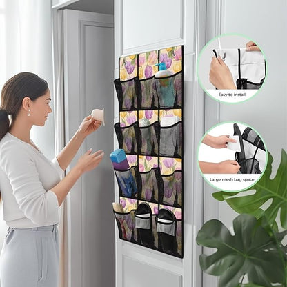 Multi-Pocket Over the Door Organizer, 12 Mesh Pockets Storage Hanging Bag Behind the Door for Shoes Toys and Cleaning Supplies, Fabric Door Organizer for Bedroom Bath, Easter Tulip