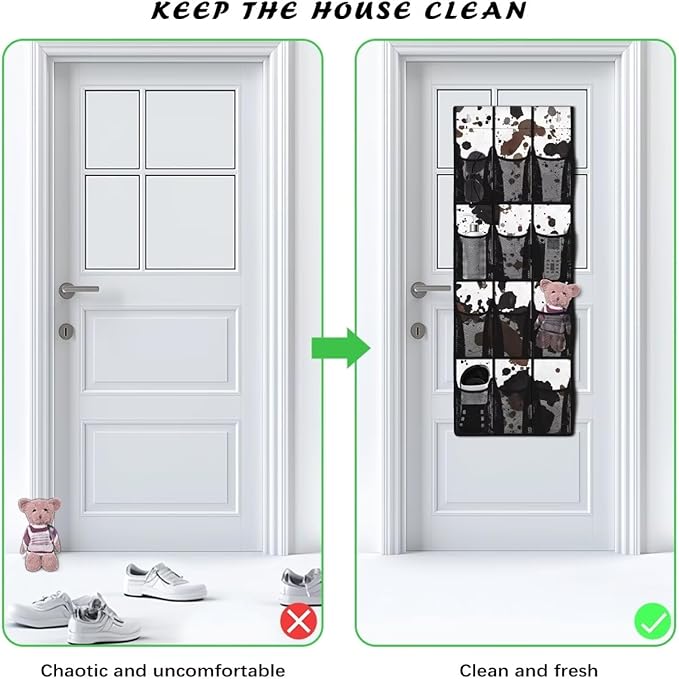Cowhide Pattern Door Hanger Organizer Mesh Fabric 12 Pockets Over The Door Shoe Organizer for Camping White Wall Hanging Storage for Bathroom