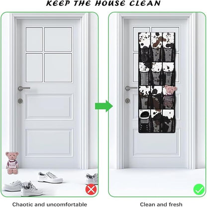 Cowhide Pattern Door Hanger Organizer Mesh Fabric 12 Pockets Over The Door Shoe Organizer for Camping White Wall Hanging Storage for Bathroom
