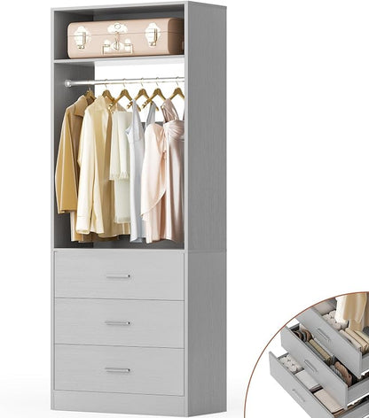 Besiost Freestanding 2FT Closet System with 3 Wood Drawers, 24" Closet Organizer System with Hanging Rod & Shelves, Walk-in Closet Systems for Small Closets, Grey (24"L x 15" W x 80" H)