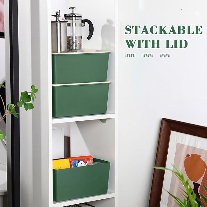 Menkxi 4 Pcs Storage Bins with Lids Plastic Stackable Containers for Organizing Shelves Christmas Ornament Box Baskets(Green,Small)