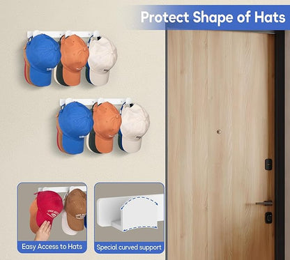KIMBORA 2 Packs Hat Rack for Wall, Hat Organizer for Baseball Caps, 3 Mounting Options Cap Hook Hanger, Strong Snapback Holder Storage Display for Door, Room, Closet (White)