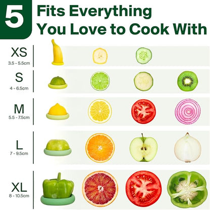 Food Huggers 5pc Reusable Silicone Food Savers | BPA Free | Plastic Free Food Storage | Dishwasher Safe | Fruit & Vegetable Produce Storage for Onion, Tomato, Lemon, Banana & Cans | Round, Sage Green