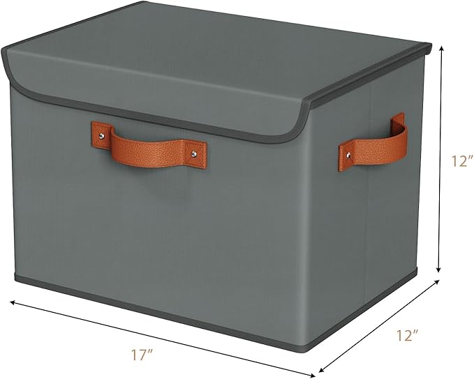Univivi Heavy Duty Fabric Storage Bins with Lid, Large 17" 10 Gallon Stackable Storage Cube with Leather Handles, Decorative Storage Boxes with Lids for Bedroom, Closet, Nursery, Office, 3-Pack(Grey)