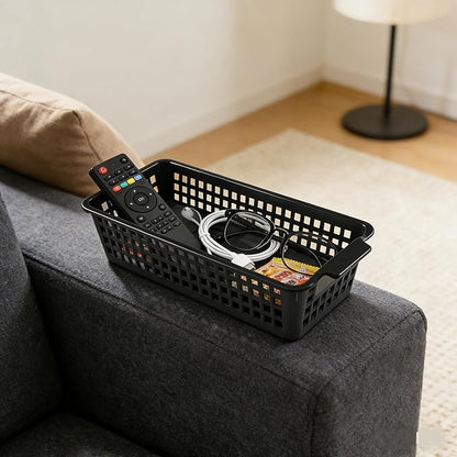 4 Pcs Slim Plastic Storage Baskets Tray for Organizing, 12.4 x 5.1 x 3.5 Inch Small Storage Bins, Stackable Drawer Containers Trays Holder for Desk Garage Office (Black)