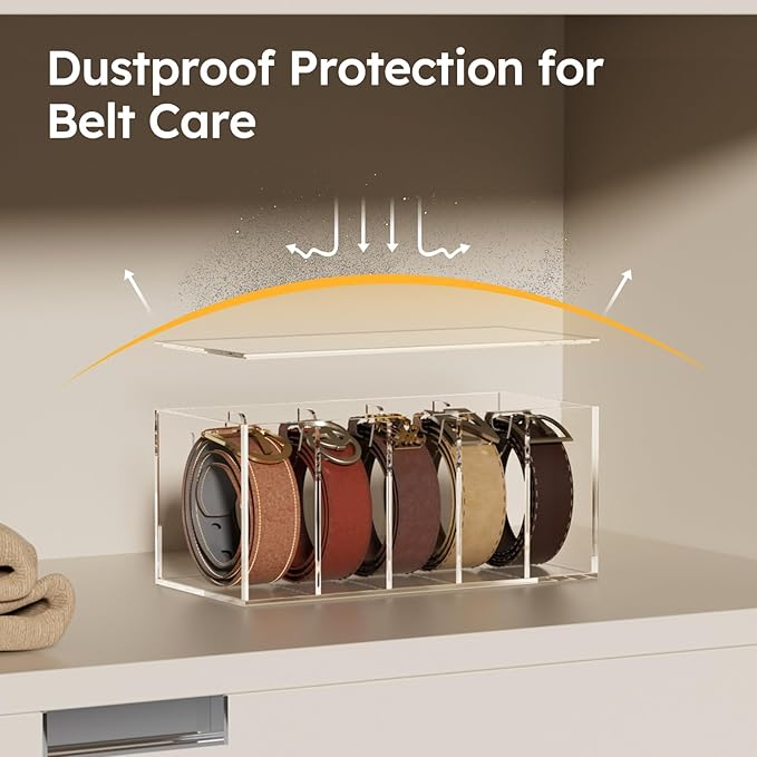 FEMELI Belt Organizer, Acrylic Belt Storage for Closet with Lid, 5 Compartments Belt Container Display Holder for Drawer, Tie Case for Women Men Home