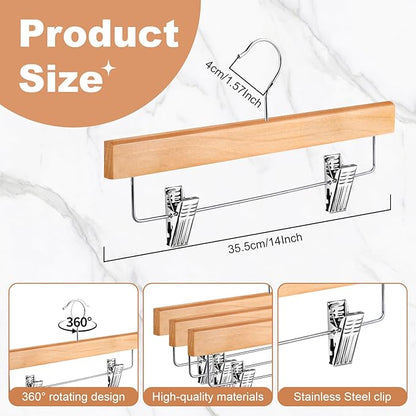 10 Pack Pants Hangers, Wood Clothes Hangers with 2-Adjustable Clips, Solid Wood Skirt Hanger, 360° Swivel Hook, Wooden Hanger for Jeans Shorts Slacks Skirts Trousers, Natural